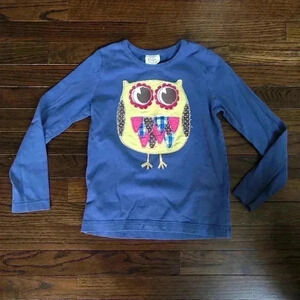 Mini Boden Girls 9-10Y Blue Long-Sleeved Owl Applique Tee